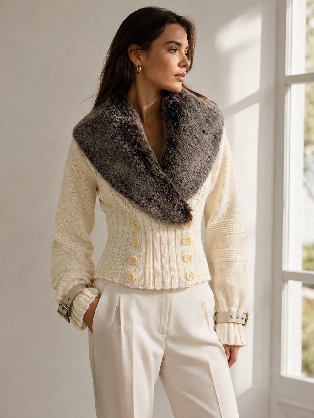 Karen Millen Wool Cardigan with Fur Collar